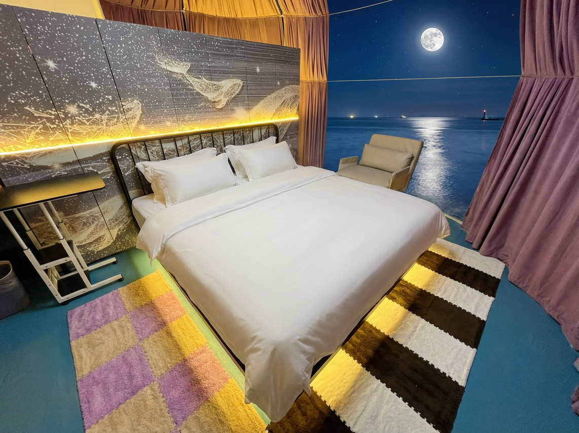 Moonlit ocean view from inside the dome king room Turtle Garden Resort