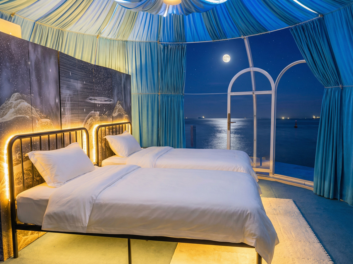 Blue draped dome twin room interior Turtle Garden Resort