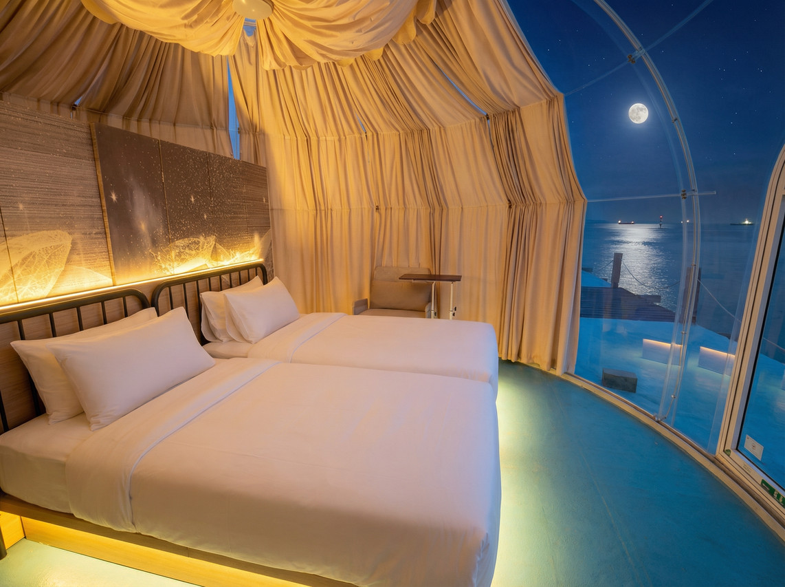 Warmly illuminated dome bedroom at night Turtle Garden Resort
